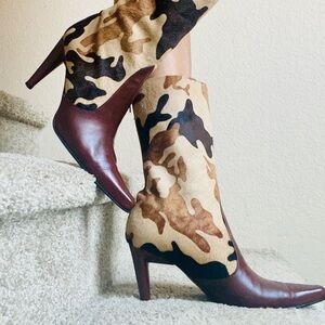 Stuart Weitzman’s booties.  Linear. Camel Camouflage Po.